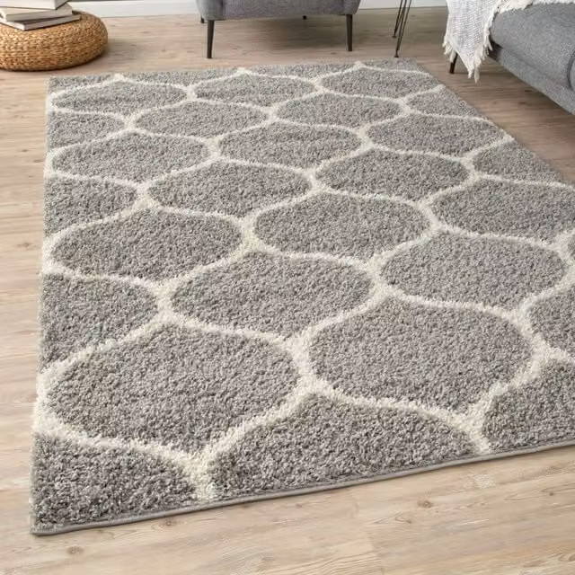 THE RUGS Moroccan Soft High Pile Shaggy Trellis Rug, Grey, W: 80 cm, L: 150 cm