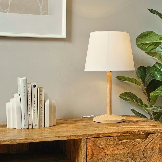 ValueLights Triston Modern Wood Table Lamp with White Fabric Cylinder Shade in Brown