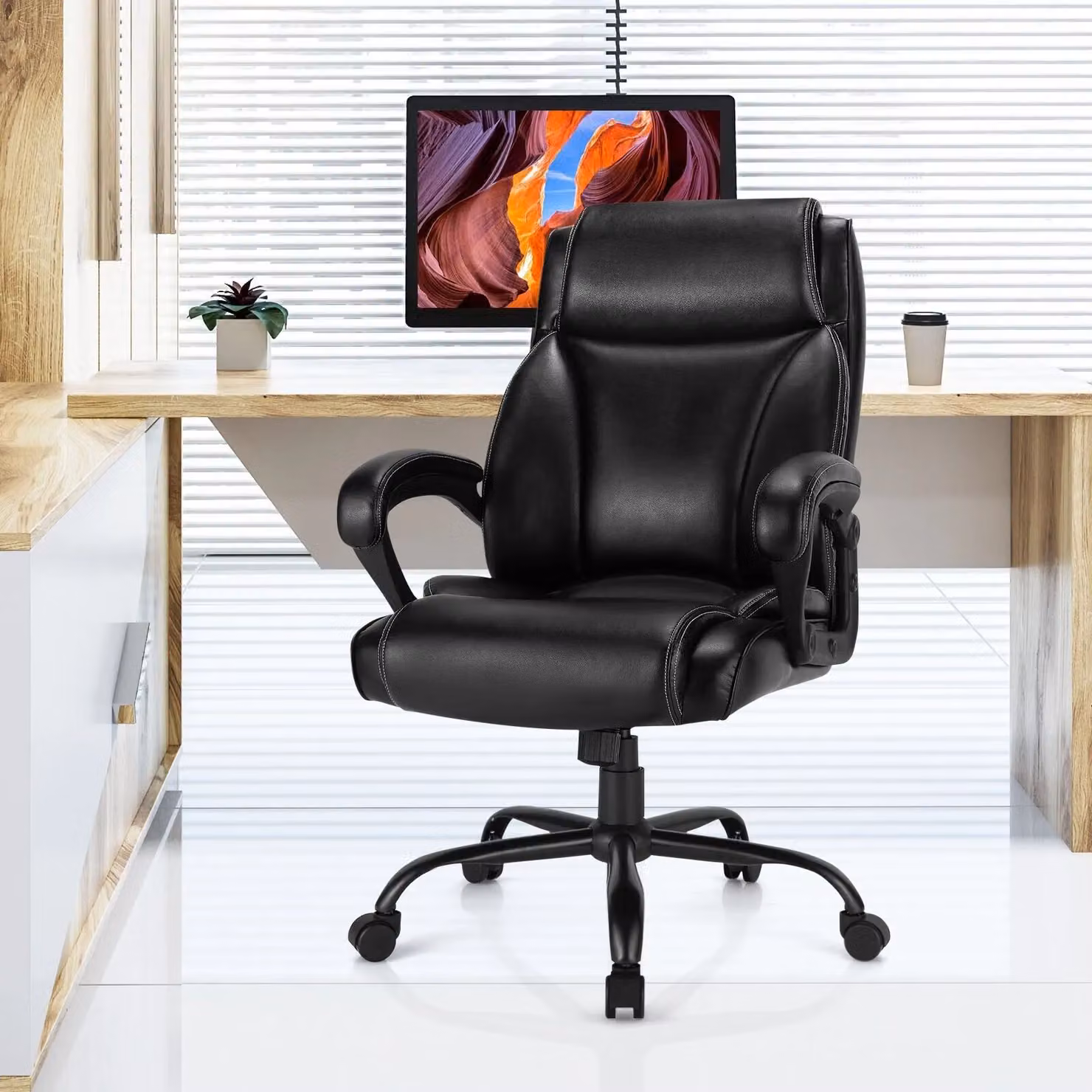 Costway Big and Tall Ergonomic Executive Office Chair in Black Synthetic Leather with Headrest and Rocking Backrest – 3