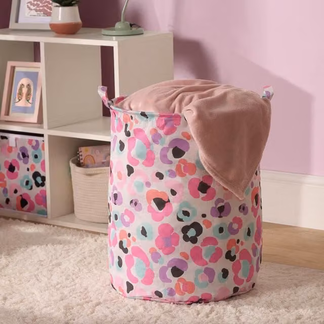 OHS Kids Leopard Print Laundry Basket and Toy Organiser in Pink with Handles – 1