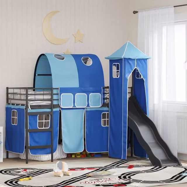 Berkfield Home Kids Loft Bed Frame in Black and Blue Metal, W: 75 cm, L: 190 cm