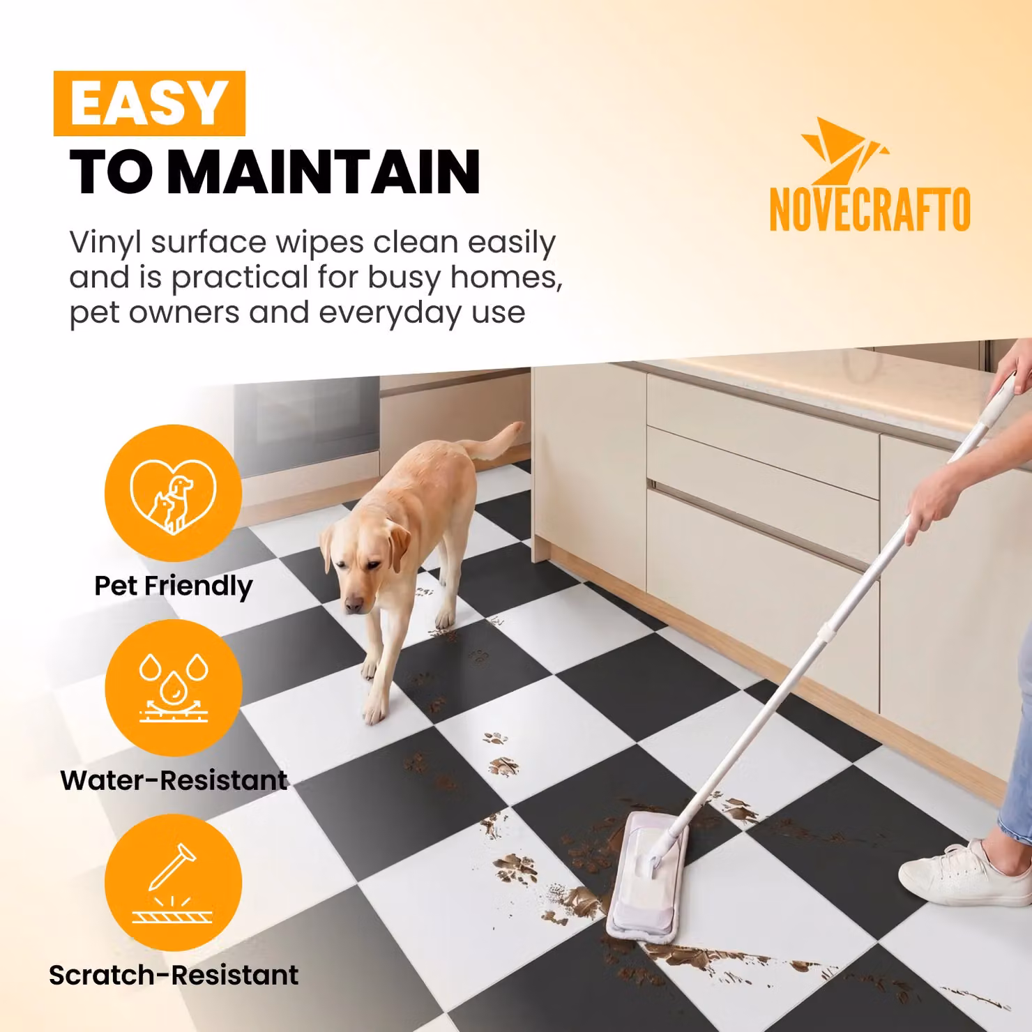 Novecrafto Self Adhesive Checkerboard Vinyl Floor Tiles, Black and White, 30 Pieces, W/D/H: 30.5 x 30.5 x 0 cm – 3