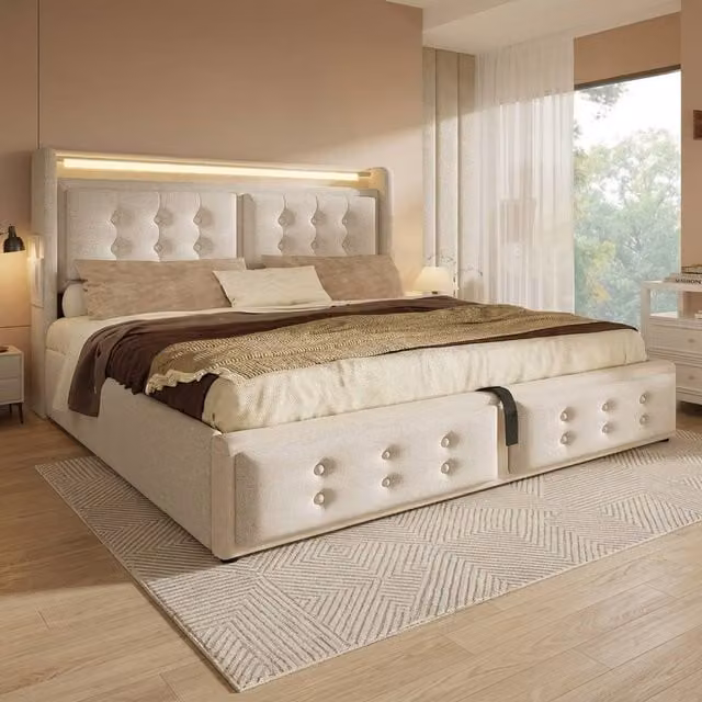 STILVORA Upholstered King Size Bed Frame in Beige with LED Lighting, USB Charging Ports and Lift-Up Base – 1