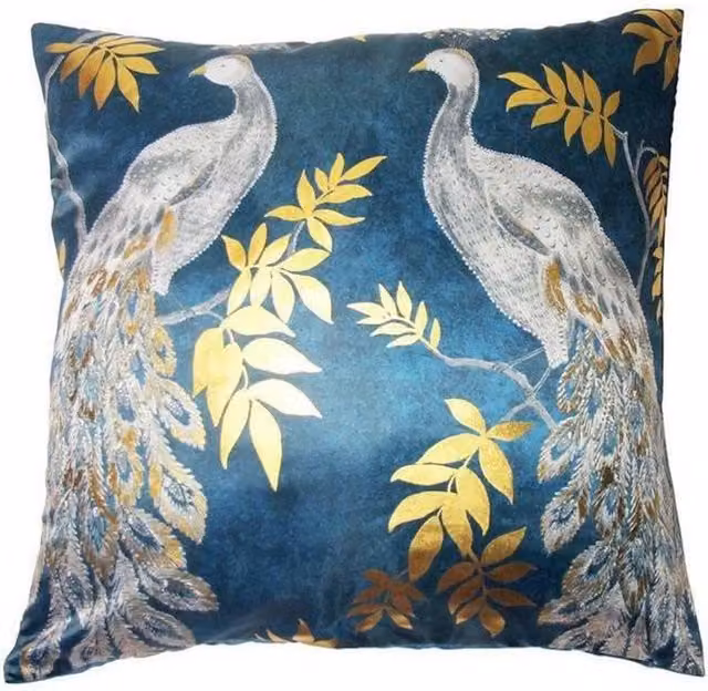 Arthouse Lazzaro Foil Peacock Bird Printed Filled Cushion - Petrol, Gold and Silver, W/D/H: 45 x 45 x 45 cm