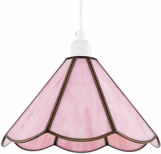 Happy Homewares Tiffany Glass Panelled Easy-Fit Pendant Shade in Pink with Antique Brass Trim, Diameter: 30.48 cm – 1