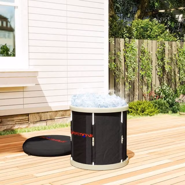 SPORTNOW Inflatable Round Ice Bath Tub with Lid, Cover and Carry Bag, Black, 210 l