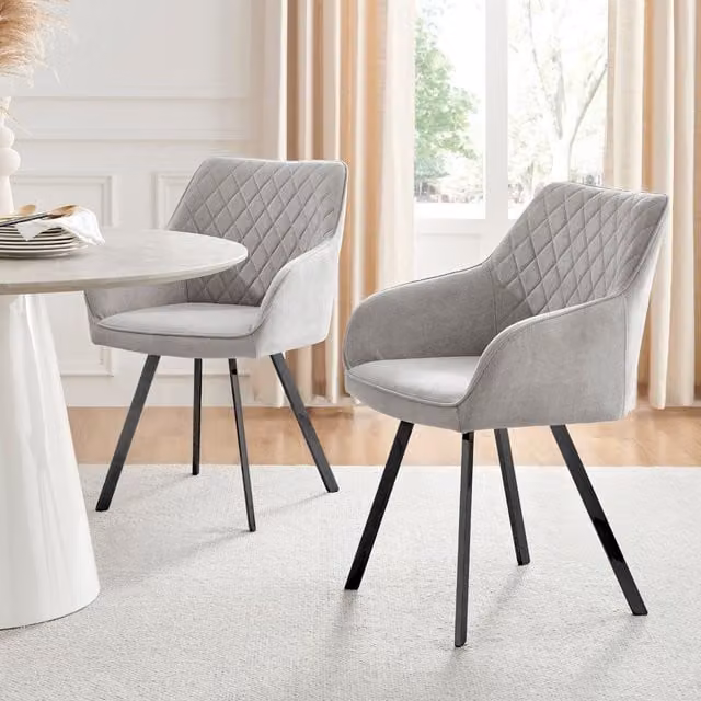 FurnitureboxUK Set of 2 Falun Mid-Century Dining Chairs in Light Grey Fabric with Black Metal Legs