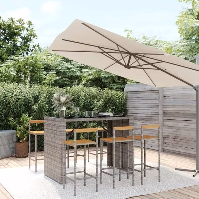 Berkfield Home 7 Piece Grey Poly Rattan and Solid Acacia Wood Garden Bar Set – 1