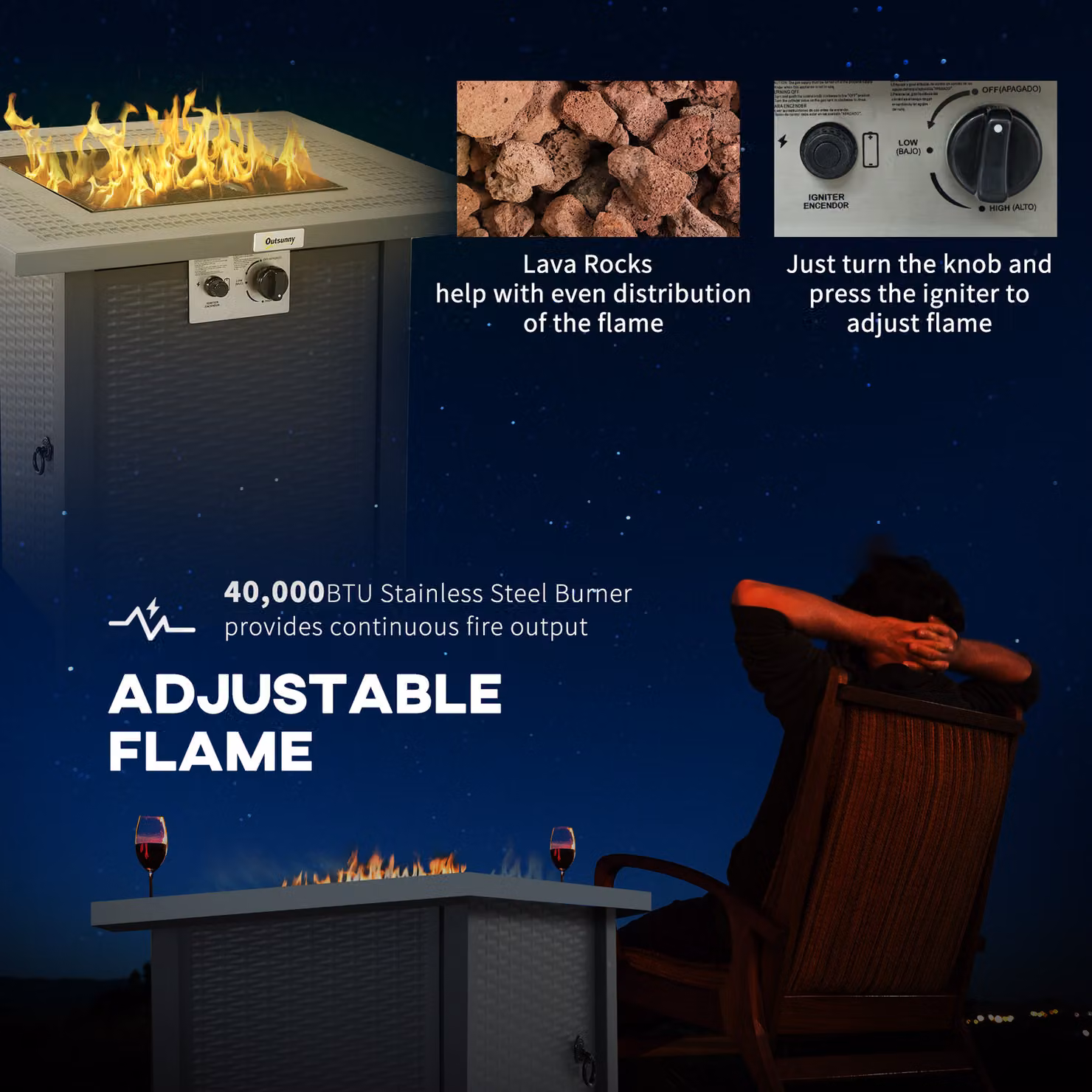 Outsunny Square Propane Gas Fire Pit Table in Dark Grey Rattan with Lava Rocks and Lid, W/D/H: 71 x 71 x 62 cm – 6