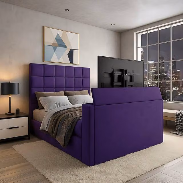 Paradise Beds Ltd Royal Upholstered Dream Sleep TV Bed with Ottoman Lift Storage in Purple Velvet, W/D/H: 180 x 200 cm