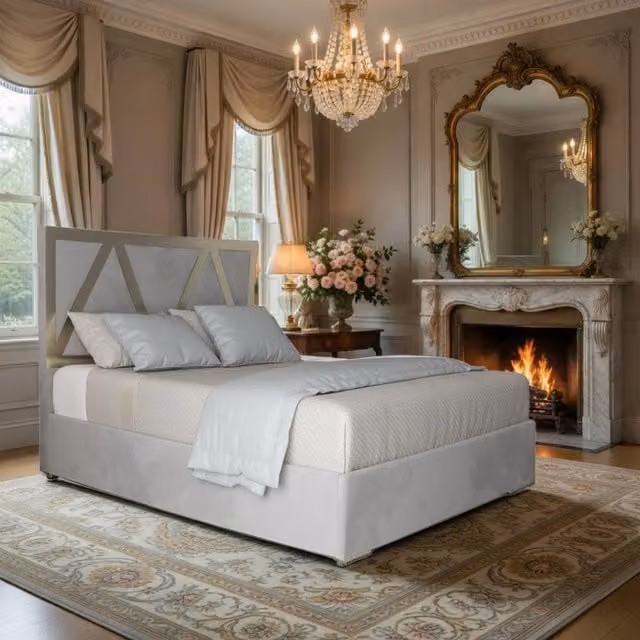 KDMD Eskdale Grey Velvet Upholstered Metal Designer Bed Frame, Size: King (180 x 200 cm) – 1