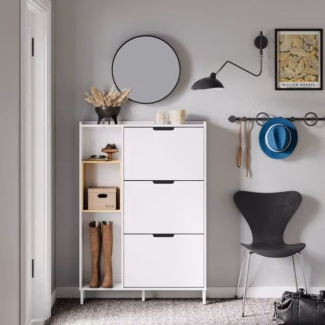 SoBuy Modern Slim Shoe Cabinet with Bamboo Shelves and Hinged Doors in White or Black – 1