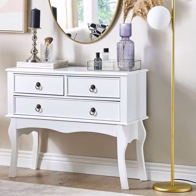 Wyld and Coco White MDF Console Table with 3 Drawers in a Retro Design, W/D/H: 91 x 35 x 75 cm – 1