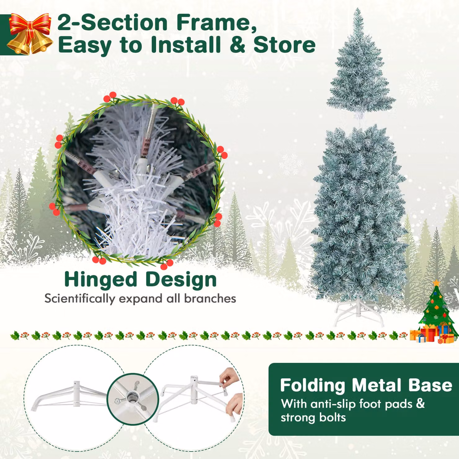 Gymax 5ft Slim Pre-Lit Artificial Christmas Tree with 343 Tips and 190 Colourful LED Lights in Green – 5