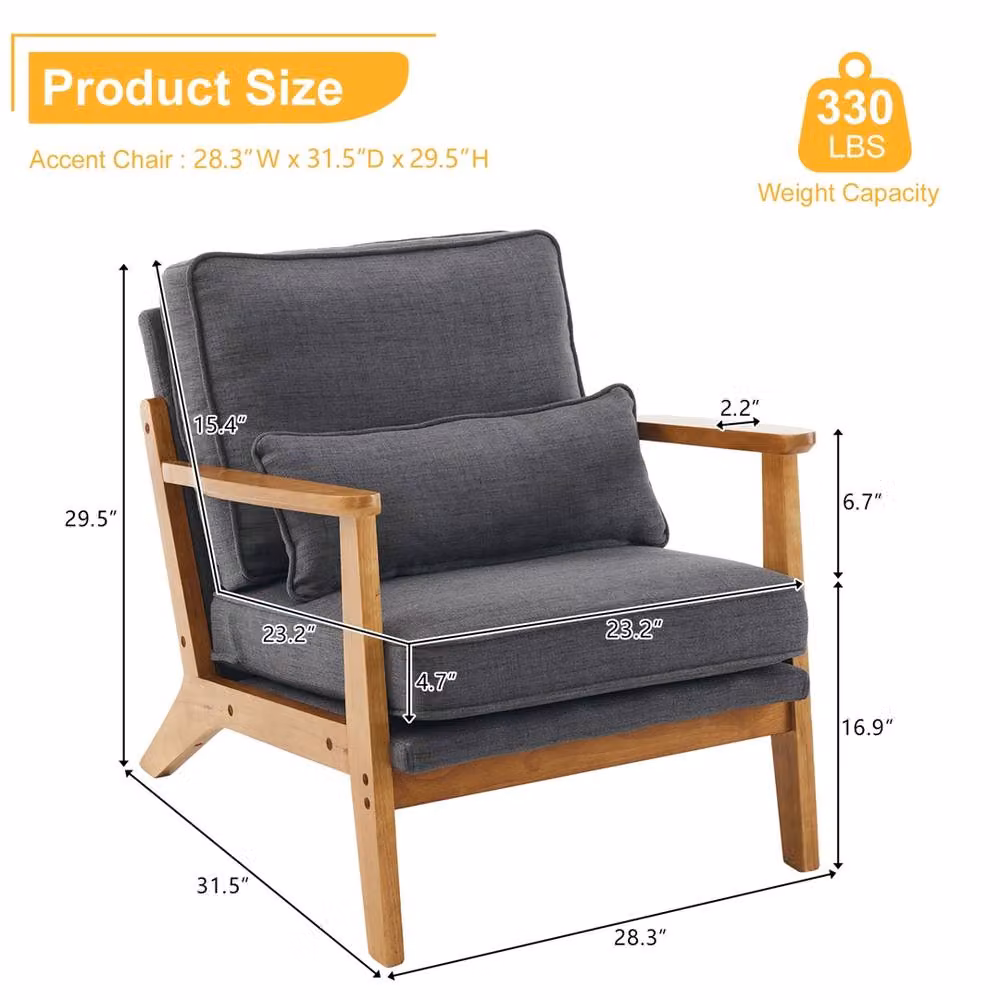 NESTLUNE Grey Mid Century Modern Fabric Armchair with Wooden Legs – 2