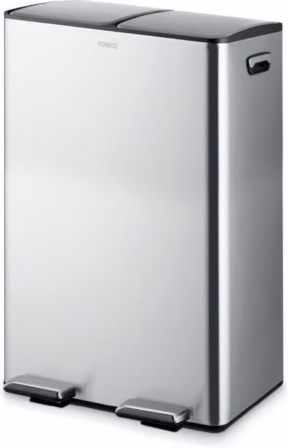 Tower 60L Stainless Steel Recycling Pedal Bin in Black and Metallic Silver – 1