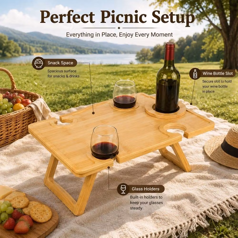 FORGEVIO Portable Folding Bamboo Wine Picnic Table in Natural Wood – 2