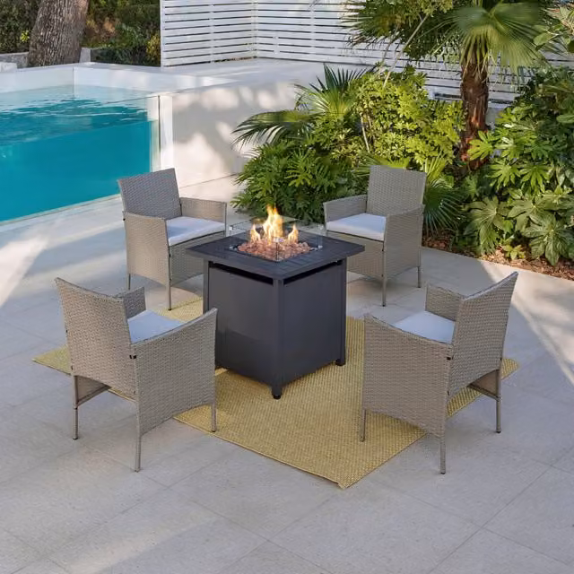 GRS Grey PE Rattan Bistro Set with Fire Pit Dining Table and Four Chairs