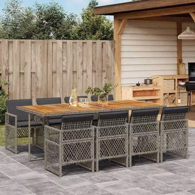 Berkfield Home 9 Piece Grey Poly Rattan Garden Dining Set with Acacia Wood Details – 1