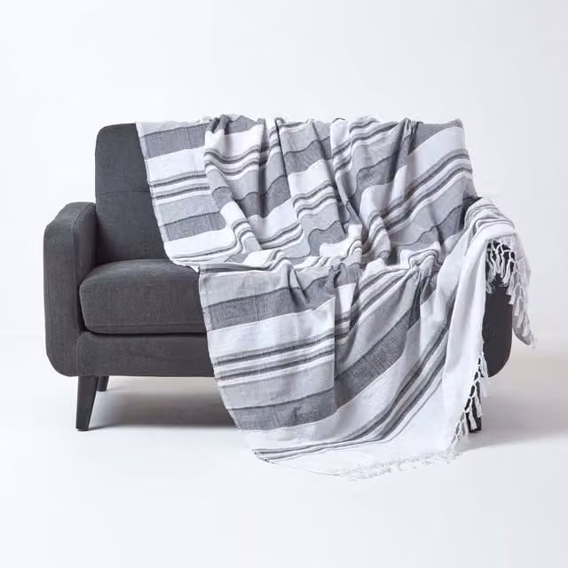Homescapes Woven Cotton Moroccan Striped Throw in Black, White and Grey, 255 cm