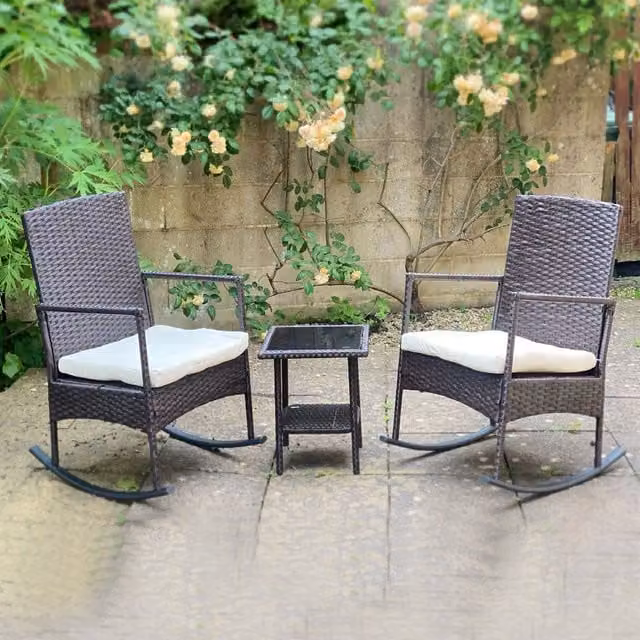 FURNITURE ONE 3-Piece Brown Rattan Outdoor Bistro Set with 2-Seater Sofa, Armchair, Coffee Table and Upholstered Cushions – 1