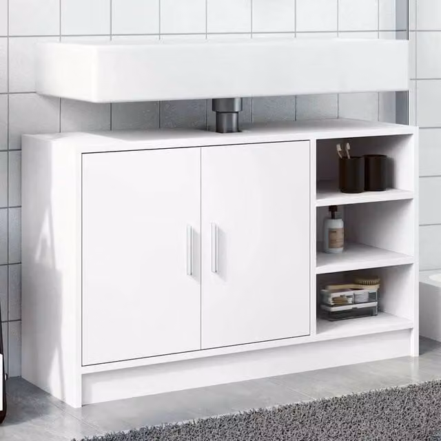 Berkfield Home White Sink Cabinet with Hinged Doors and Internal Shelves, W/D/H: 90 x 29 x 55 cm
