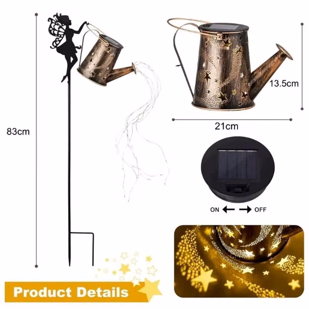 KORVIXA Solar Watering Can with 90 LED Warm White String Lights in Brown Metal – 2