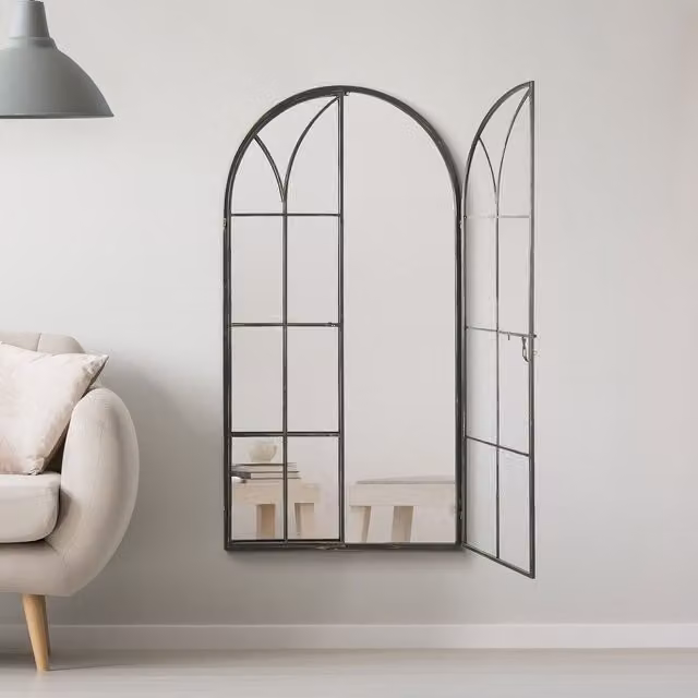 MirrorOutlet Large Antique Black Metal Arch Shaped Opening Window Wall Mirror H 140 cm x W 75 cm x D 1 cm