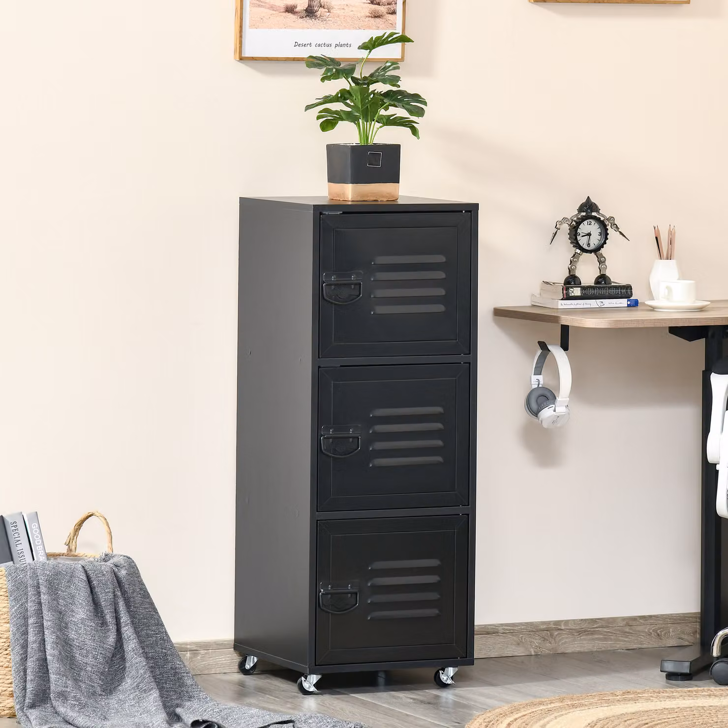 HOMCOM 3-Tier Rolling Storage Cabinet with Metal Hinged Doors in Black – 2
