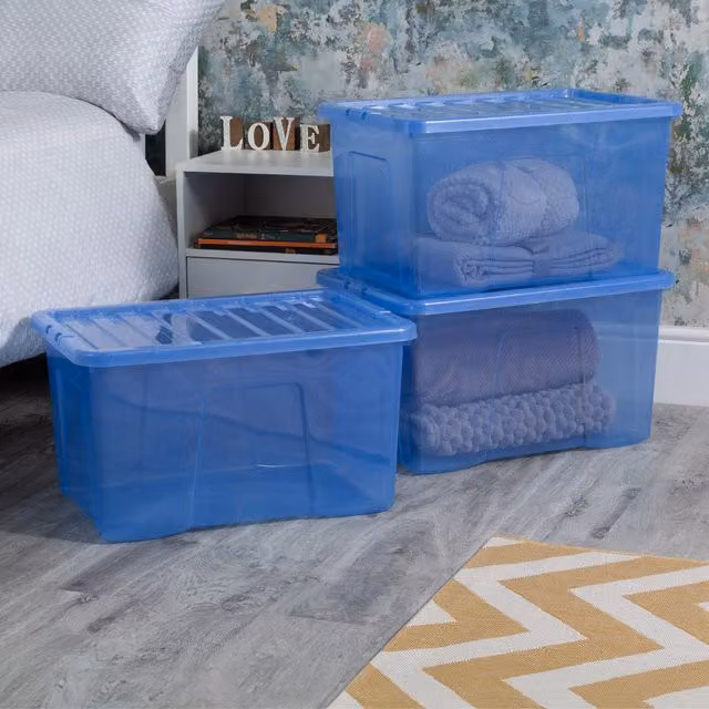 Wham Crystal Sparkle 60L Plastic Storage Boxes with Lids, Tint Sparkle Blue, Pack of 3