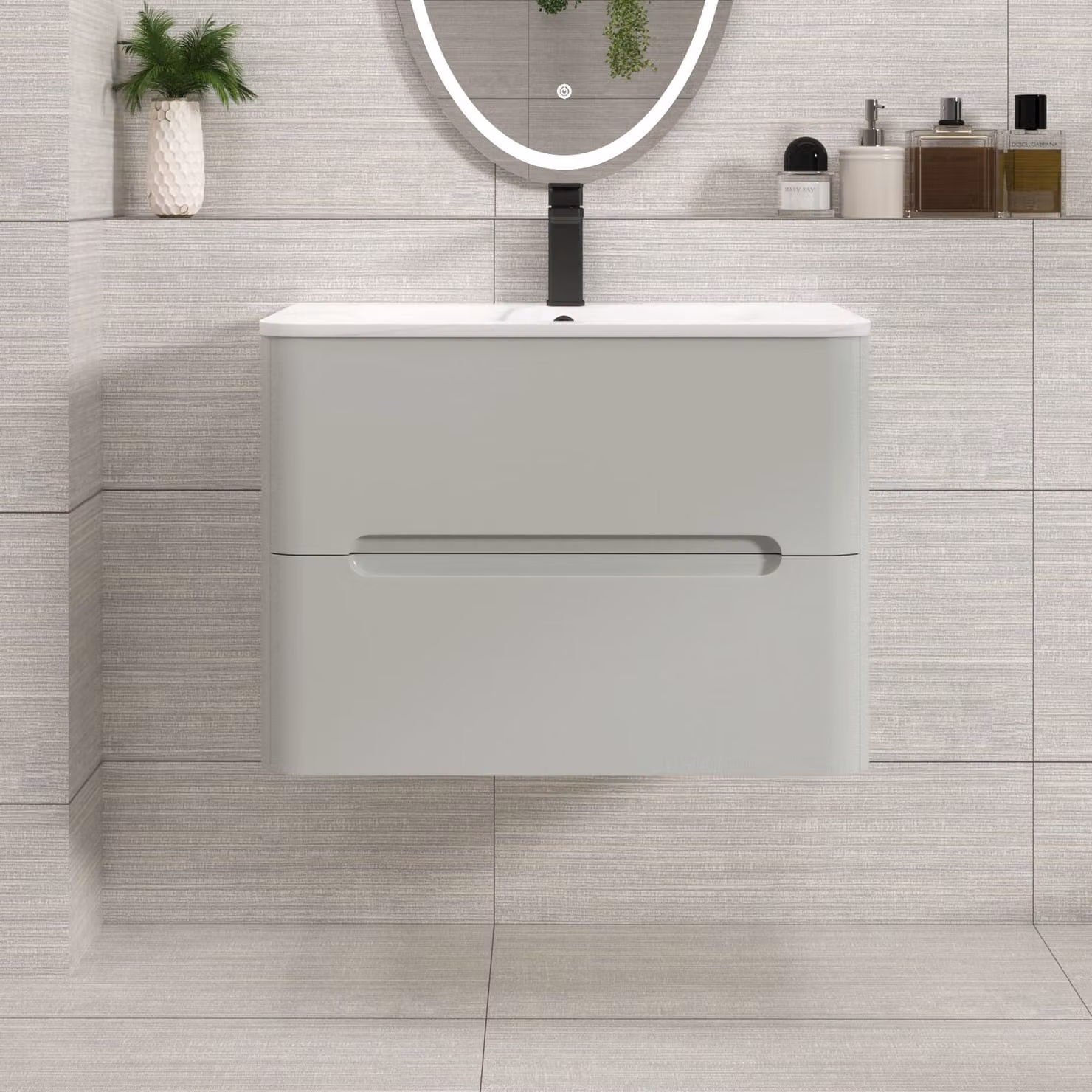 Royal Bathrooms Venice 700mm Wall Hung Vanity Unit in Dove Grey with Carrara White Basin and 2 Drawers