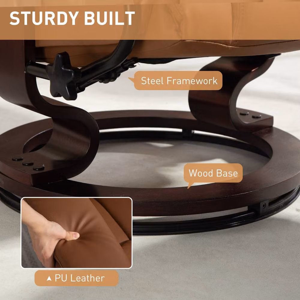 STILVORA Brown Faux Leather Recliner Armchair with Ottoman and 360 Degree Swivel Function – 6
