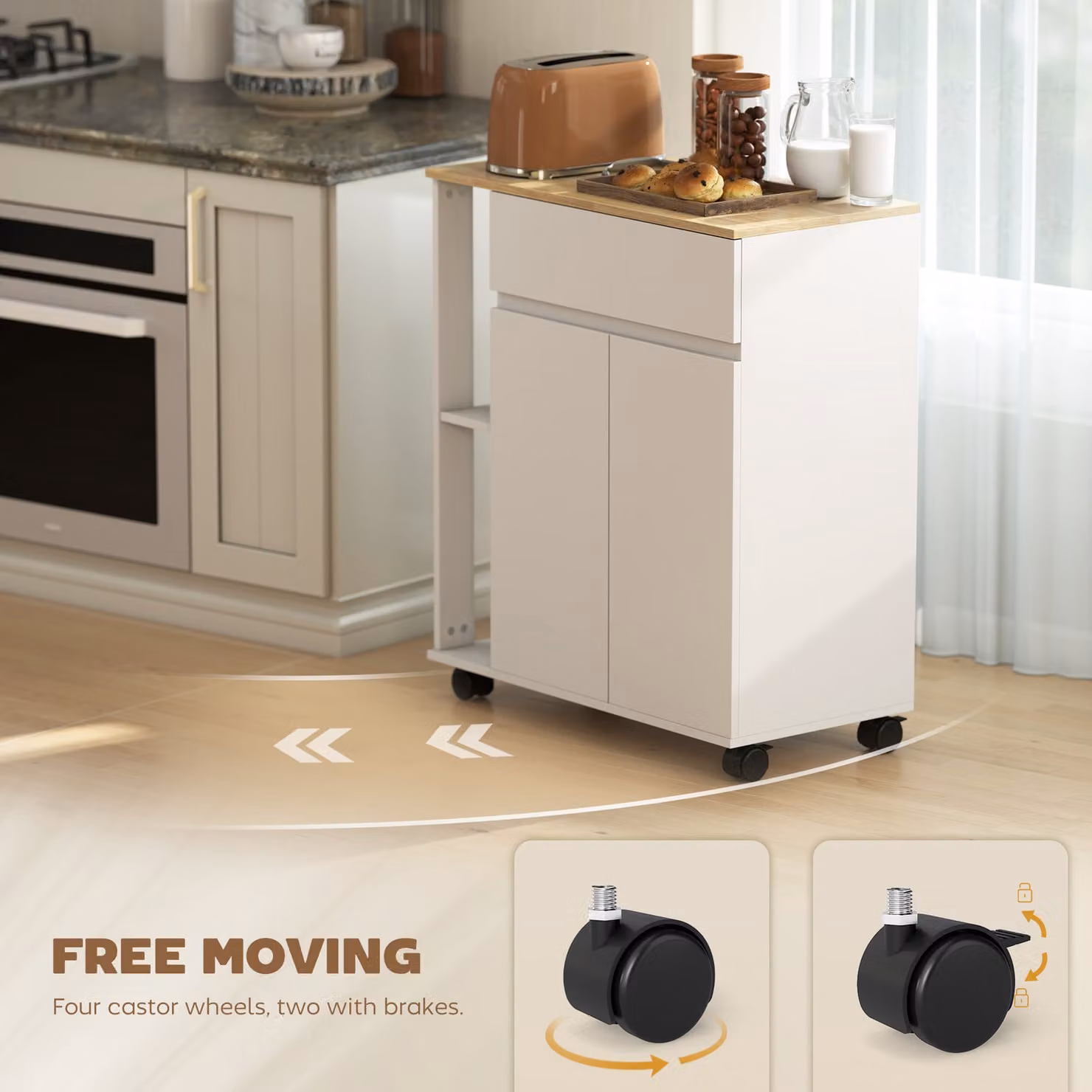 HOMCOM Modern Kitchen Storage Trolley Cart with Cabinet, Drawer and Open Shelves, White – 3