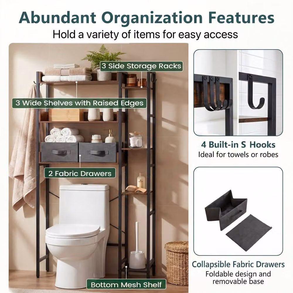 Costway 7 Tier Over the Toilet Storage Rack with 2 Drawers in Brown – 6