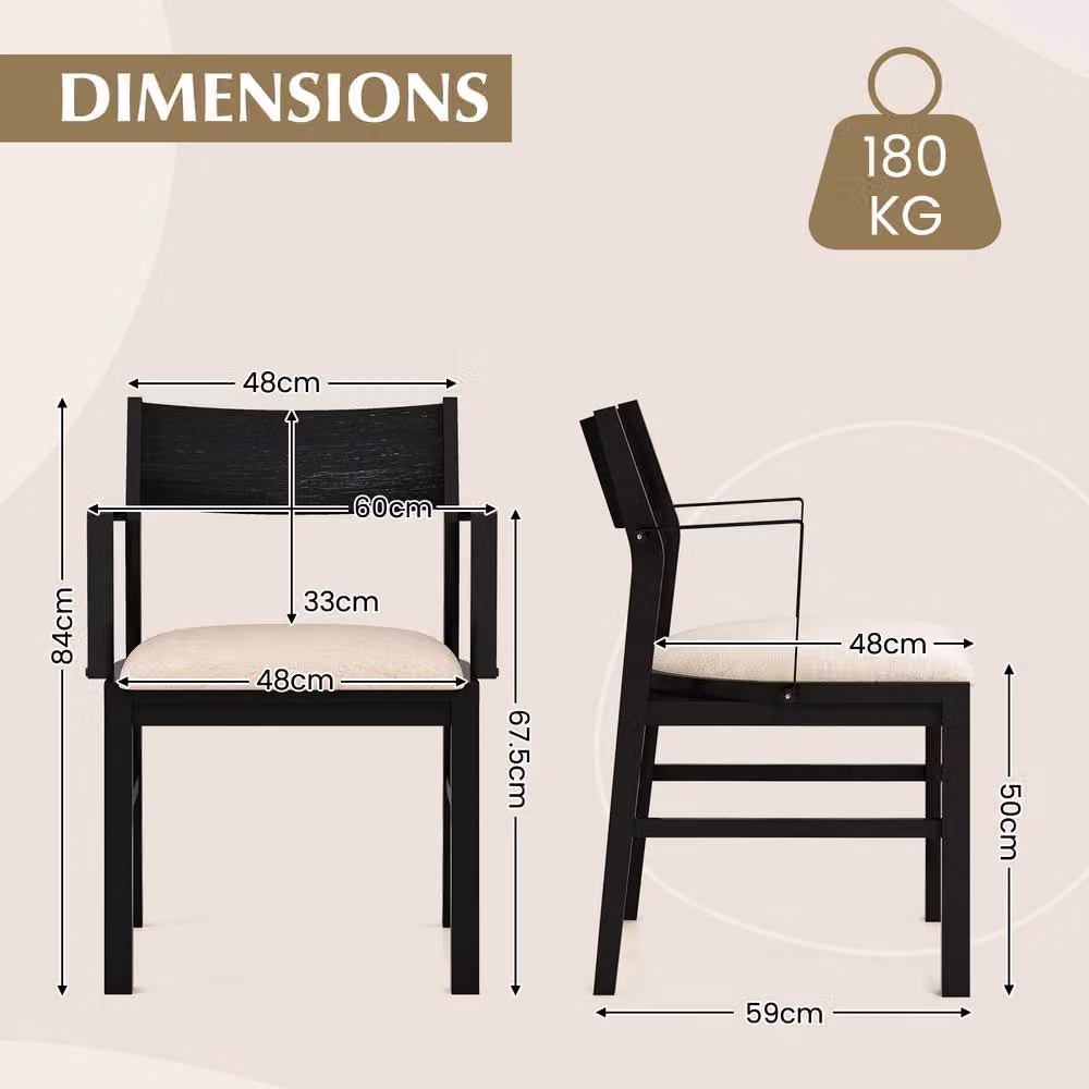 Gymax Set of 2 Modern Dining Chairs with Armrests in Brown Fabric and Black Metal/Rubberwood Frame – 2