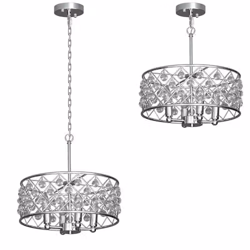 HOMCOM Modern Crystal Chandelier in Silver with Adjustable Height and 4-Light E14 Base – 1