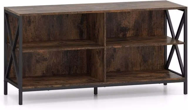 Gymax Industrial TV Stand and Entertainment Centre with 4 Open Storage Shelves in Brown and Metal