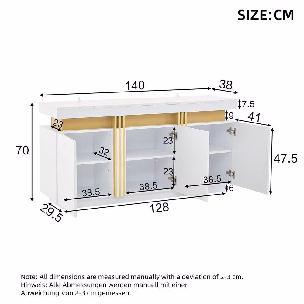 ModernLuxe Modern White Sideboard Cabinet with Faux Marble Top, 3 Doors and Shelves, W/D/H: 140 x 38 x 70 cm – 2