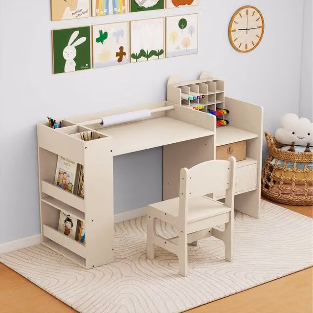 Costway Childrens Desk, Chair and Shelf Set in Natural Wood Finish
