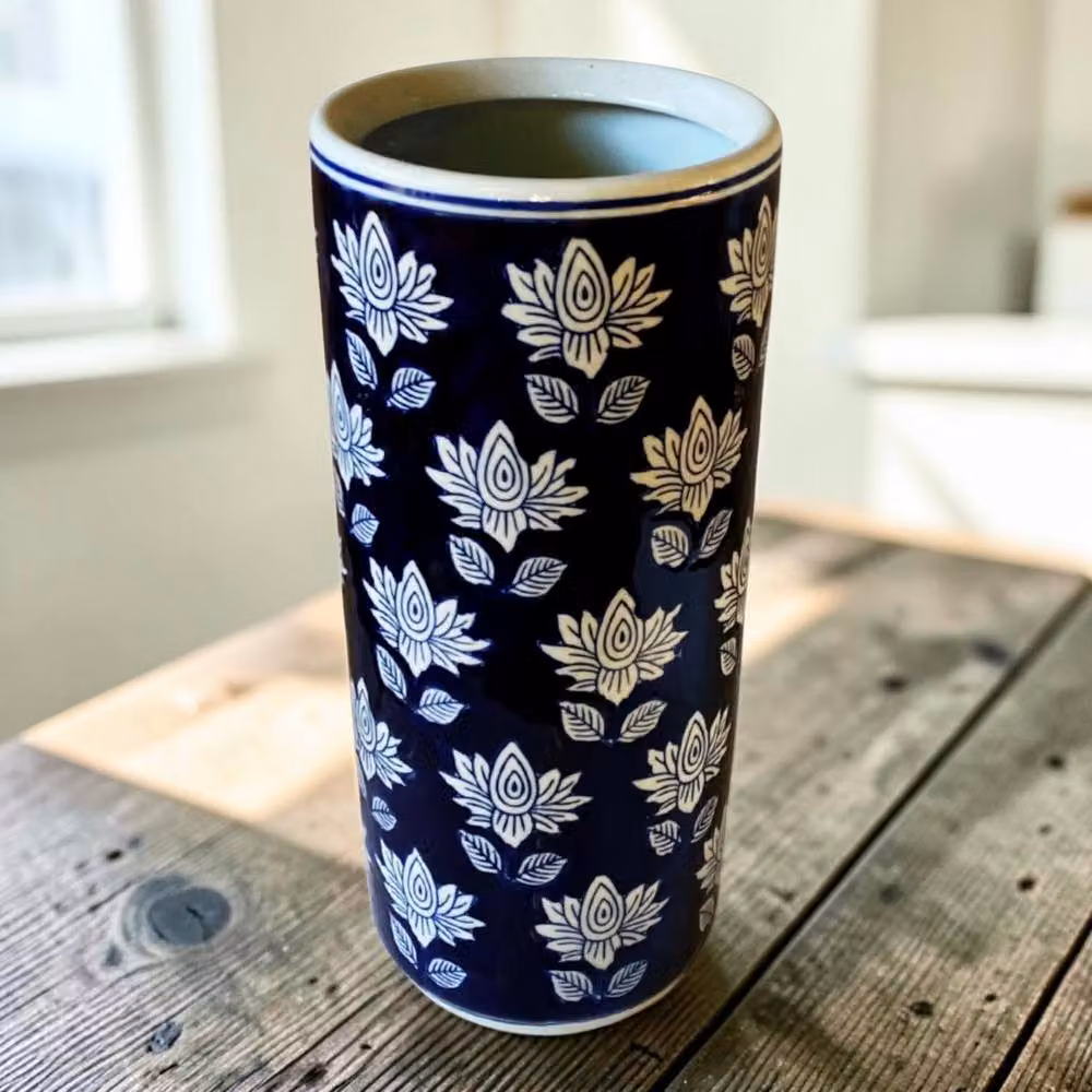 Four Candle Blue and White Floral Ceramic Freestanding Umbrella Stand in Navy – 2