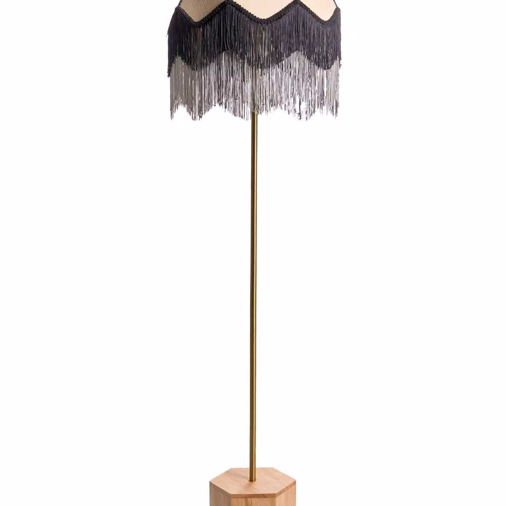 Wyld and Coco Retro Floor Lamp with Natural Beige Fabric Drum Shade and Wood Base, Height: 150 cm – 2