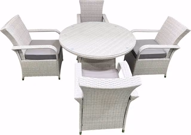 Fimous Wicker PE Rattan Garden Furniture Set with 4 Chairs and Large Round Glass Top Table in Light Grey, Diameter: 120 cm, Height: 65 cm