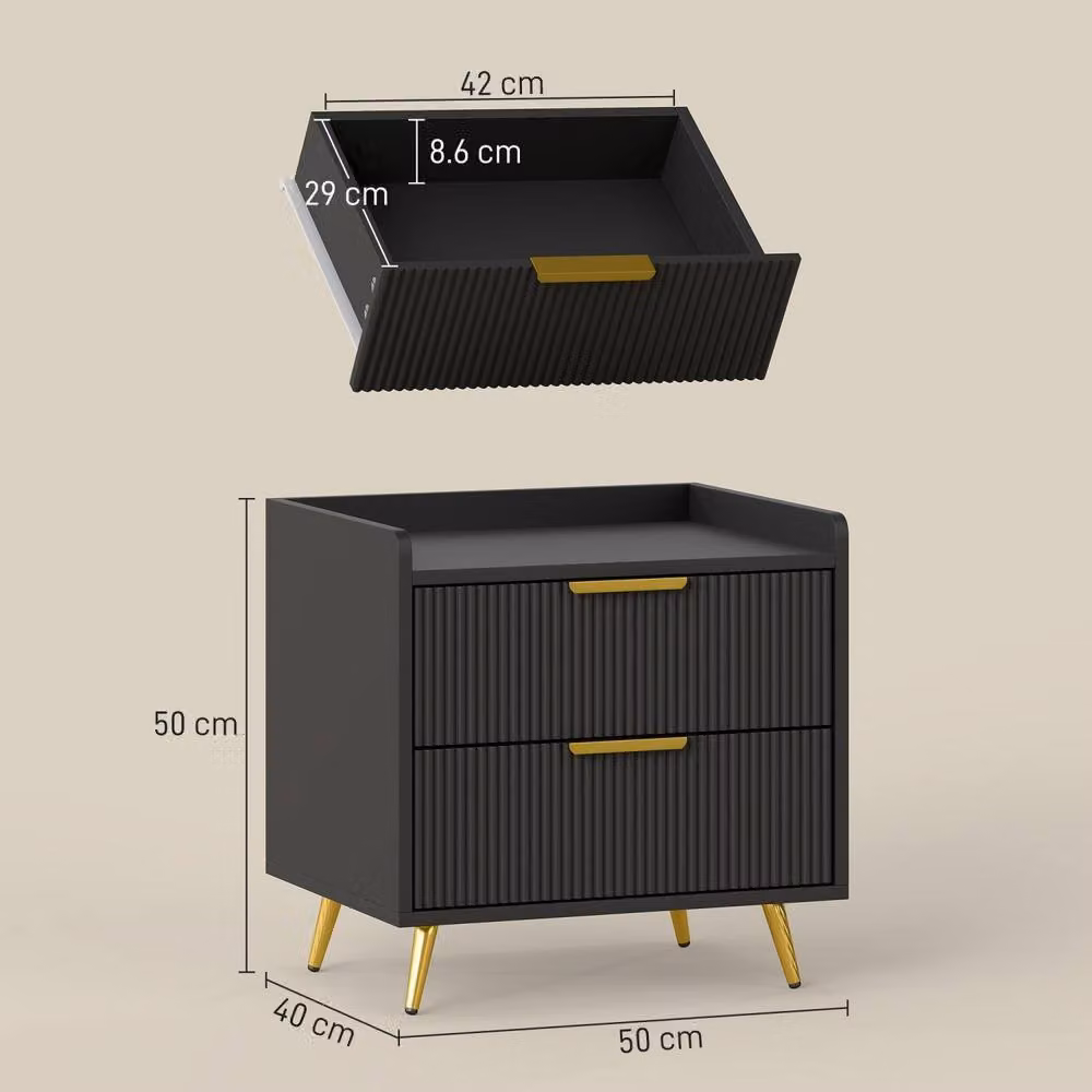 Wyld Haus Vevele Black 2 Drawer Ribbed Bedside Table with Gold Accents – 3
