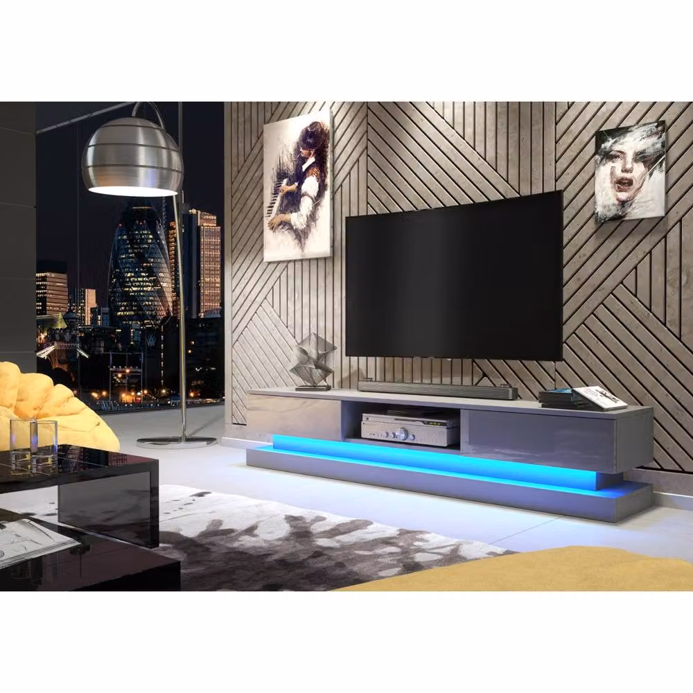 Mex Furniture LTD Bloom TV Unit in Dark Grey with Glossy Doors and LED Lights, W: 180 cm, H: 36 cm, D: 35 cm – 2