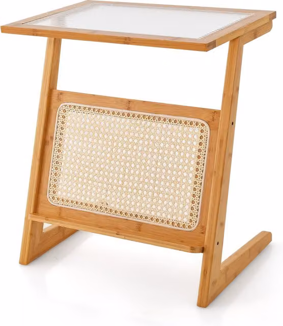 COSTWAY Boho Bamboo and Glass Side Table in Brown
