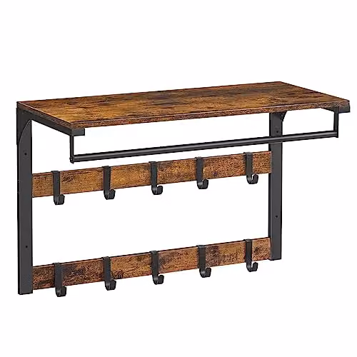 VASAGLE Industrial Wall-Mounted Coat Rack with Shelf and 10 Hooks in Bronze, Brown and Black – 2