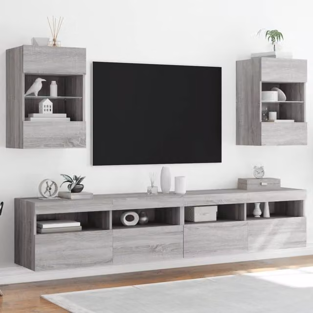 Berkfield Home Set of 2 Modern Wall Mounted TV Cabinets with Integrated LED Lighting in Grey Sonoma, W/D/H: 40 x 30 x 60.5 cm – 1