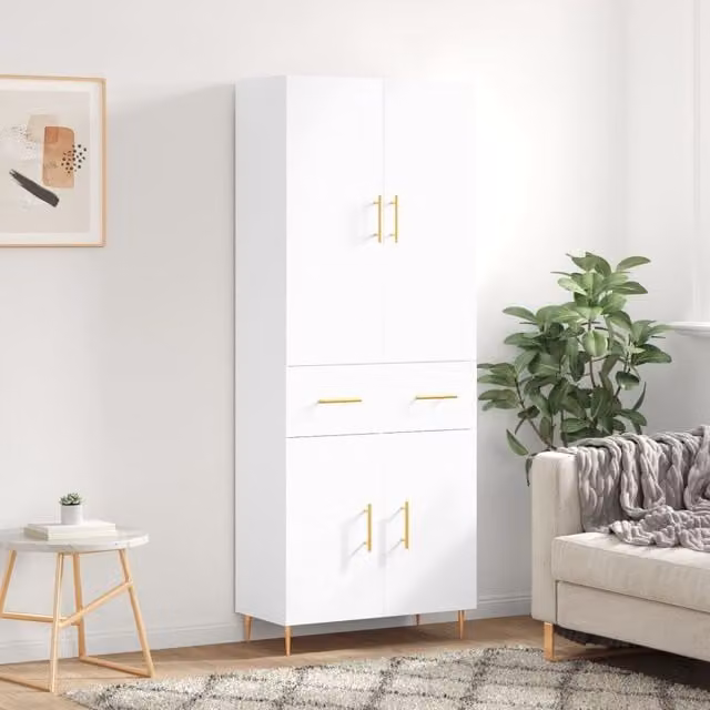 Berkfield Home Modern White Highboard with Hinged Doors and Internal Shelves, W/D/H: 69.5 x 34 x 180 cm