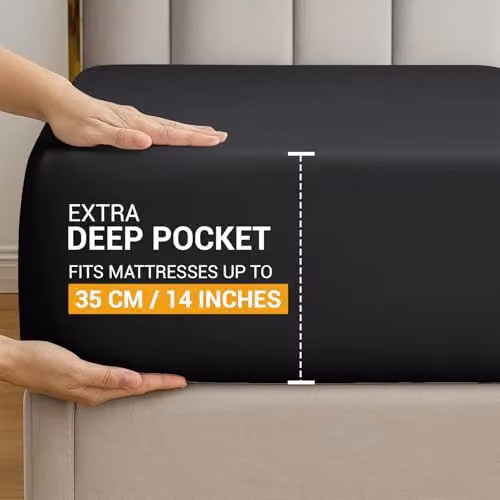 Pamposh King Size Mako Satin Cotton Fitted Sheet, Black, W/D/H: 180 x 200 x 35 cm – 3