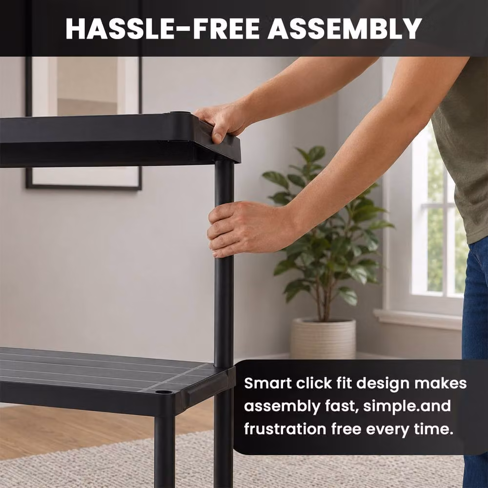 MANTRARAJ Heavy Duty 4 Tier Black Plastic Freestanding Storage Shelving Unit H 133 x W 60 x D 30 cm – 6